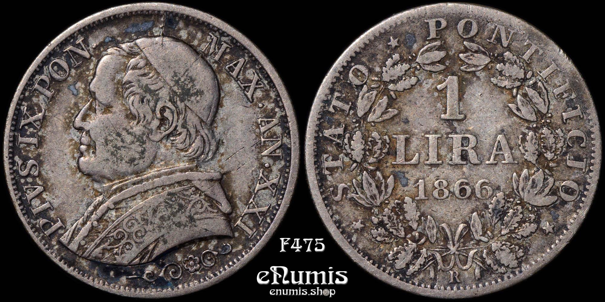 PAPAL STATES, VATICAN, Pius IX, 1 Lira 1866 R, VF+ PAPAL STATES, VATICAN, Pius IX, 1 Lira 1866 R, VF+