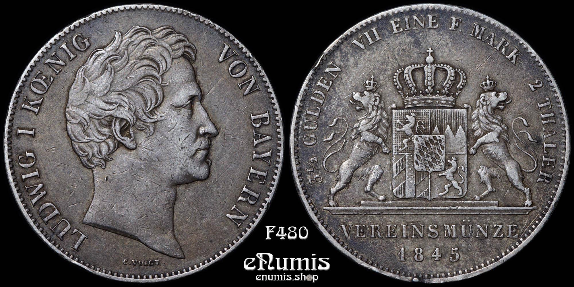 GERMANY BAVARIA, Ludwig I, 2 Taler 1845, VF-XF GERMANY BAVARIA, Ludwig I, 2 Taler 1845, VF-XF