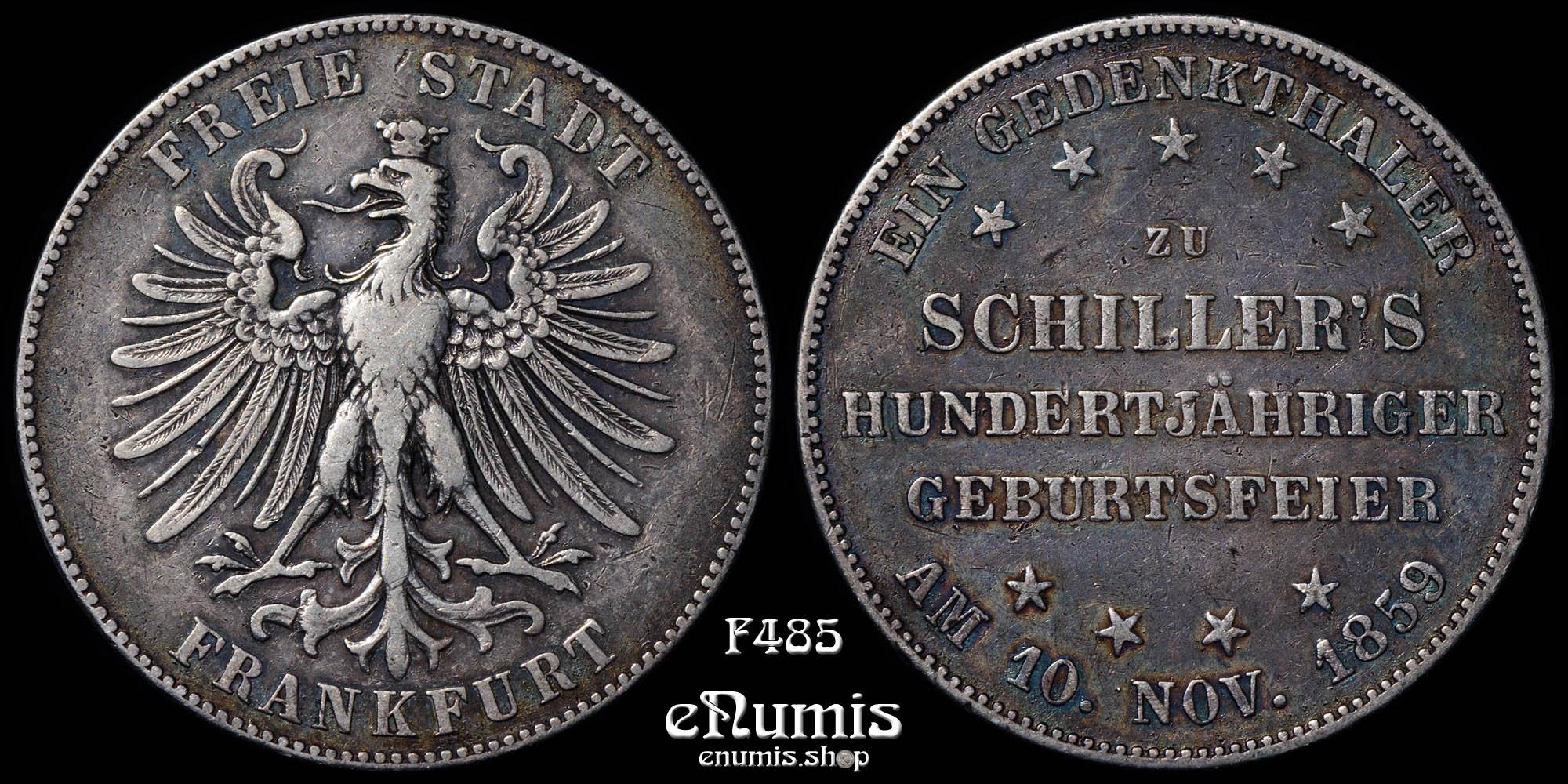 GERMANY FRANKFURT, Taler 1859, Schiller Centennial, VF GERMANY FRANKFURT, Taler 1859, Schiller Centennial, VF