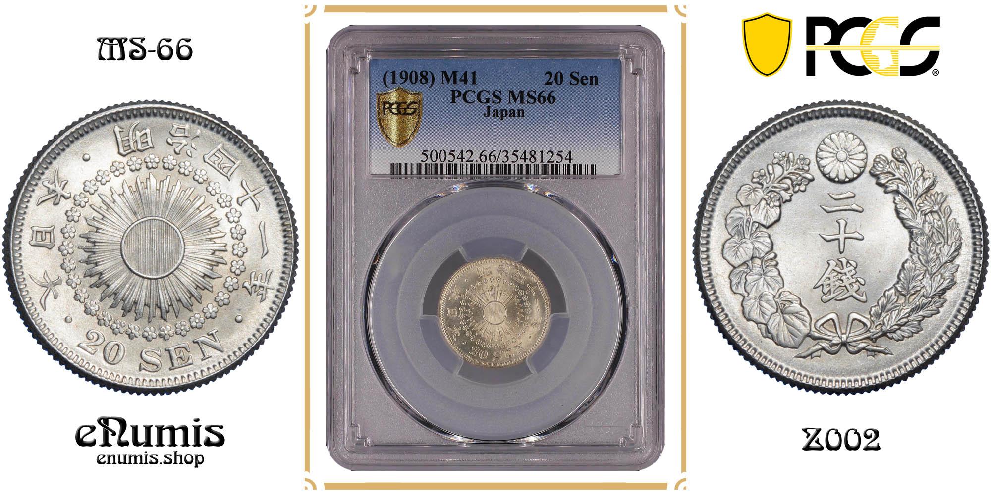JAPAN, Meiji, 20 Sen 1908, year 41, Choice!, PCGS MS 66
