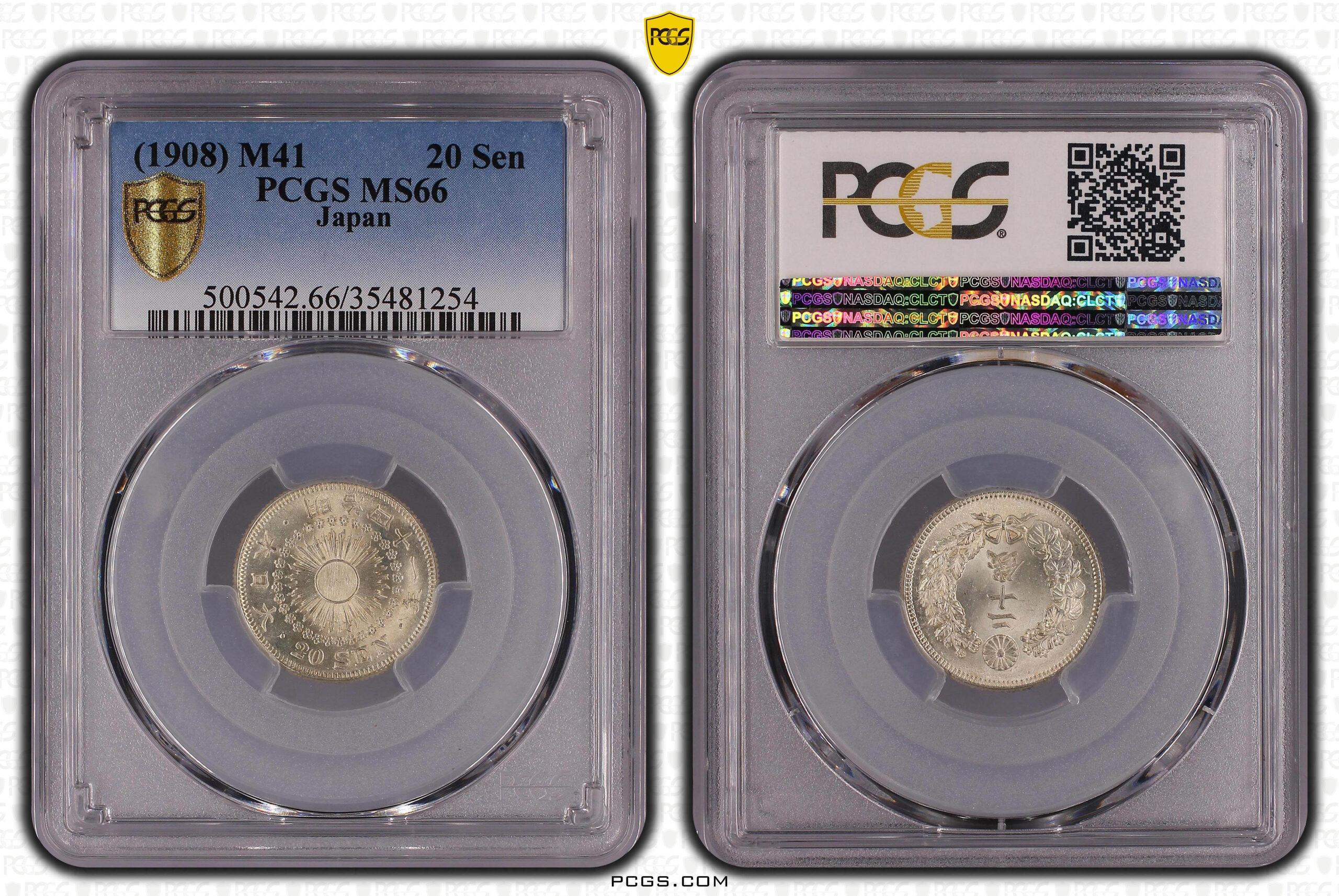 JAPAN, Meiji, 20 Sen 1908, year 41, Choice!, PCGS MS 66