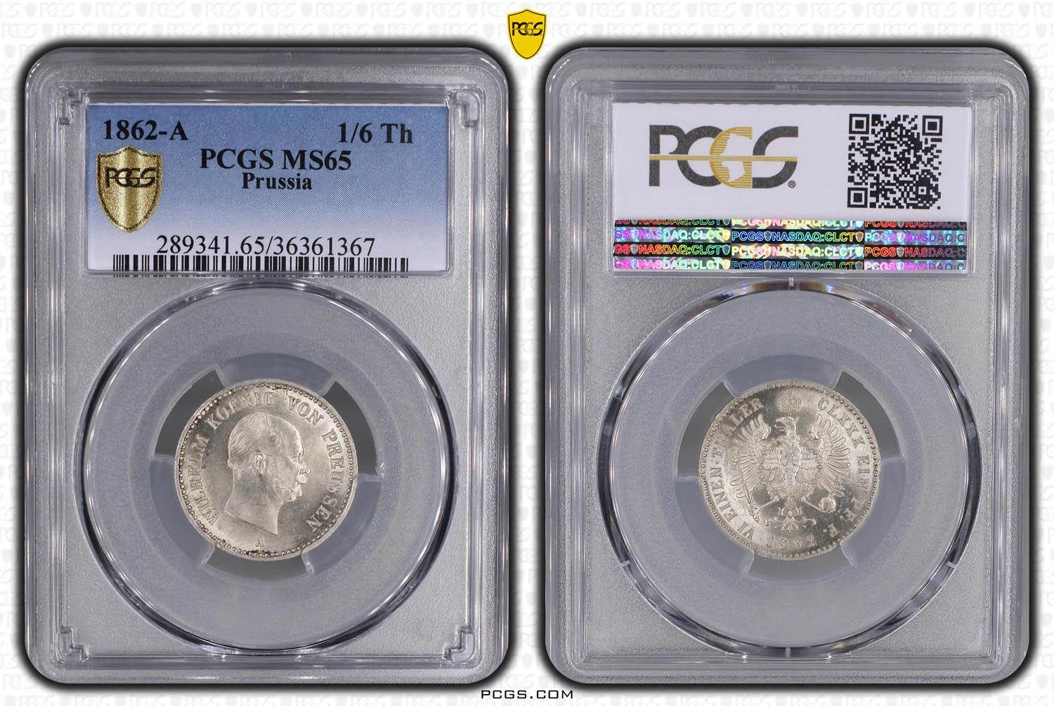 GERMANY PRUSSIA, Wilhelm I, 1/6 Taler 1862, PCGS MS 65
