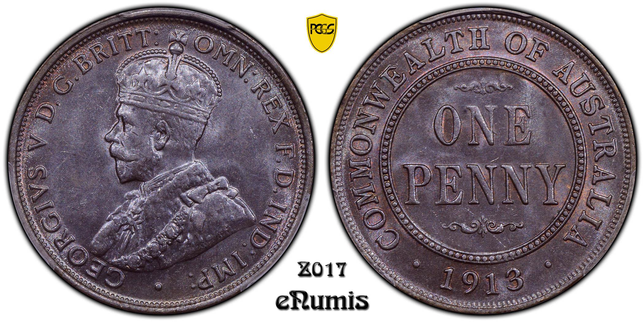 AUSTRALIA, George V, Penny 1913, PCGS MS 63 BN