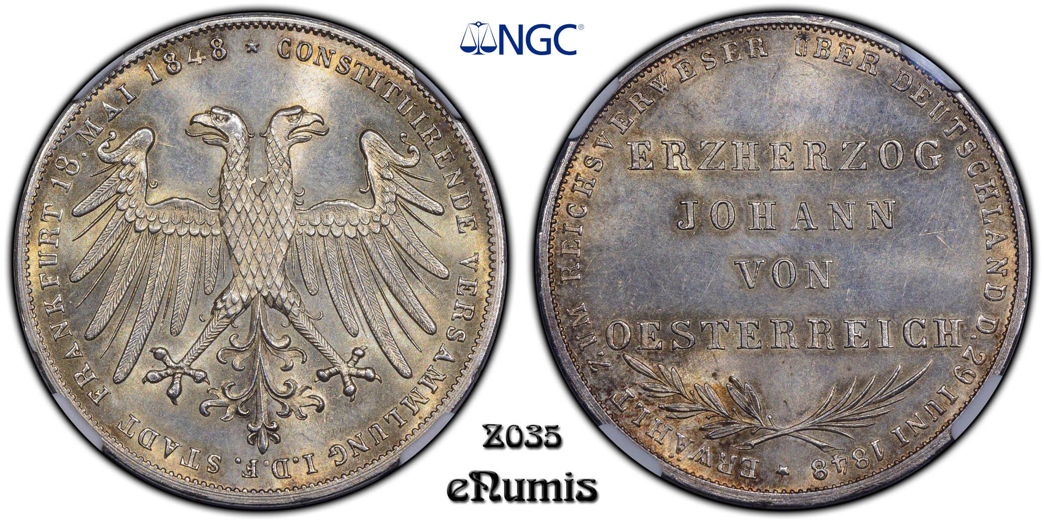 Germany, Frankfurt, 2 Gulden 1848, Vicar Election, NGC MS 64 Germany, Frankfurt, 2 Gulden 1848, Vicar Election, NGC MS 64