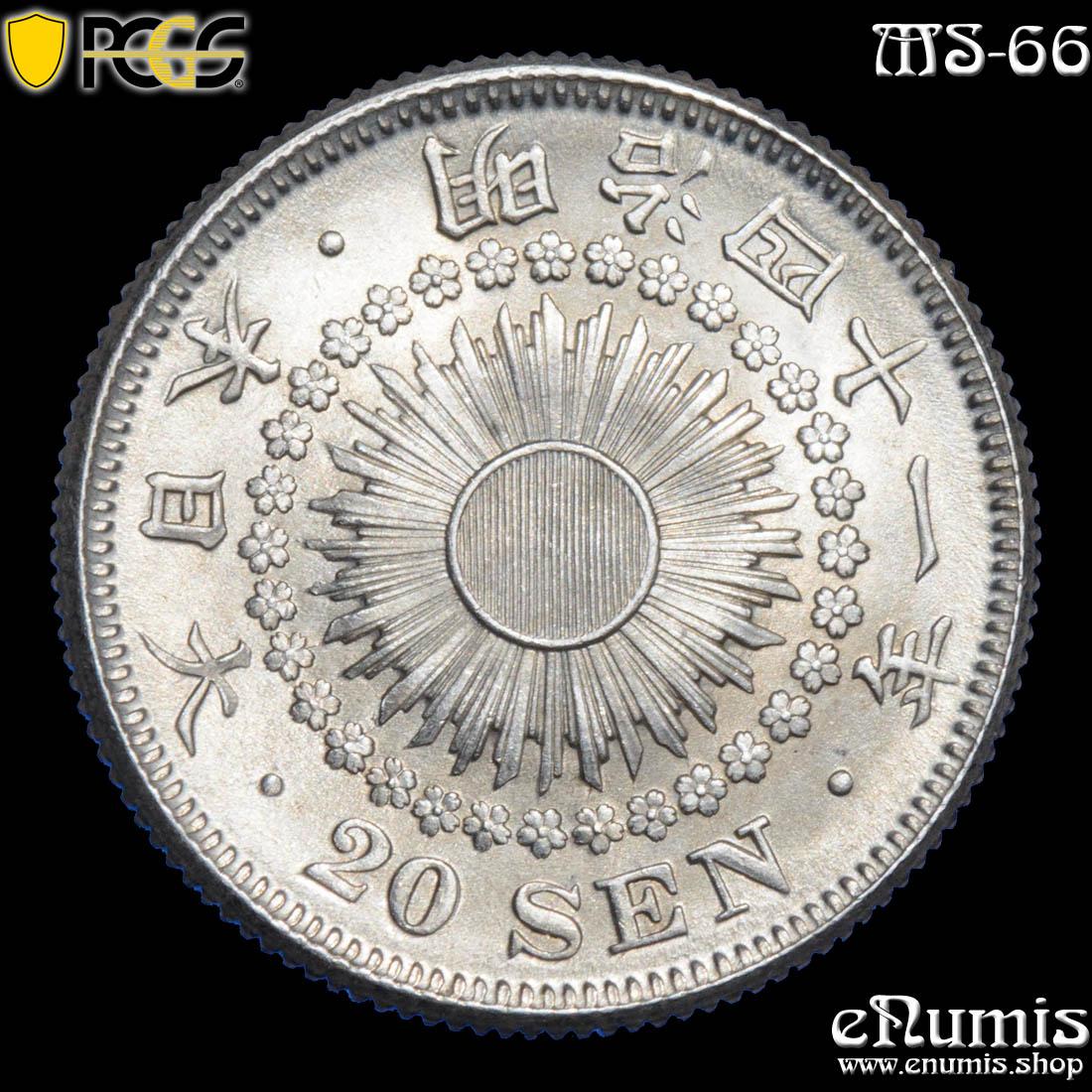 JAPAN, Meiji, 20 Sen 1908, year 41, Choice!, PCGS MS 66