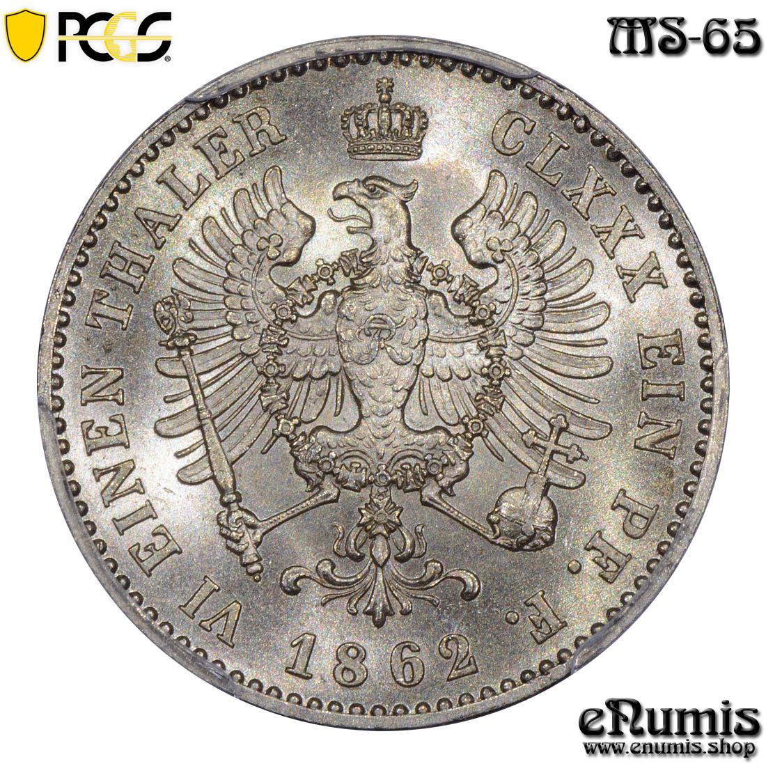 GERMANY PRUSSIA, Wilhelm I, 1/6 Taler 1862, PCGS MS 65