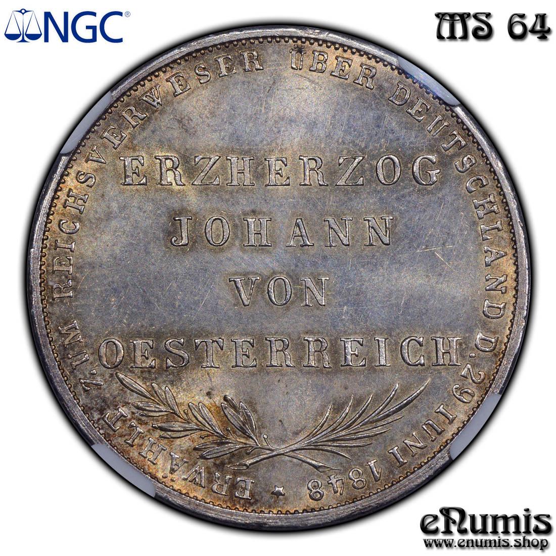 GERMANY FRANKFURT, 2 Gulden 1848, Vicar Election, NGC MS 64 GERMANY FRANKFURT, 2 Gulden 1848, Vicar Election, NGC MS 64