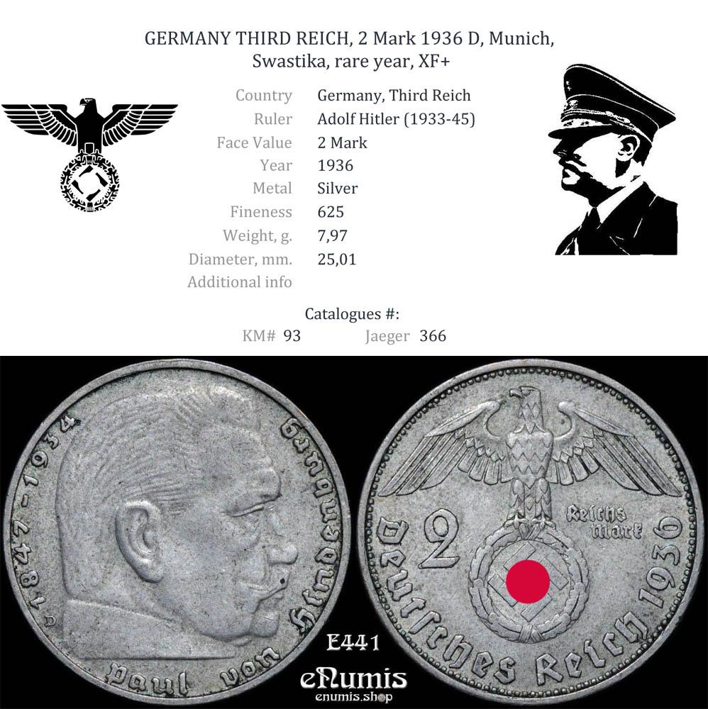 GERMANY THIRD REICH, 2 Mark 1936 D, Munich, Swastika, rare year, XF+