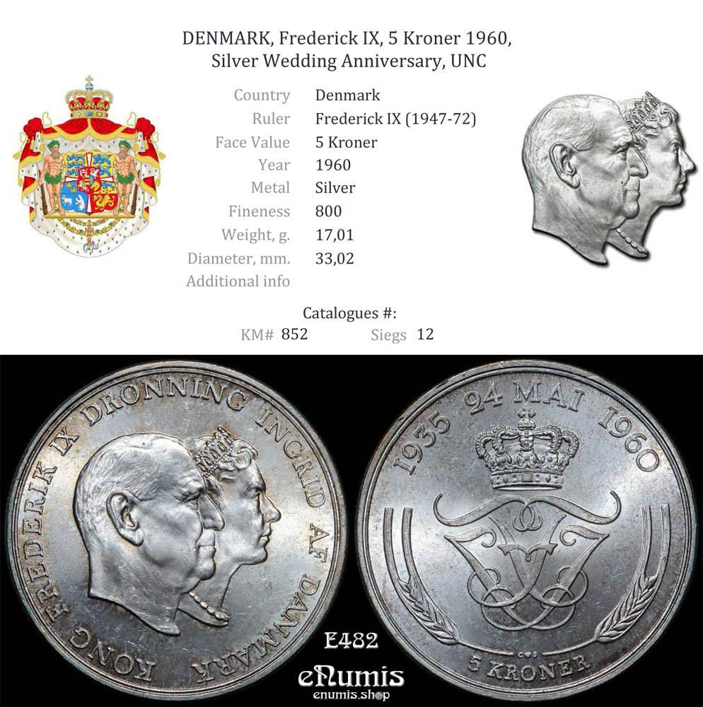 DENMARK, Frederick IX, 5 Kroner 1960, Silver Wedding Anniversary, UNC