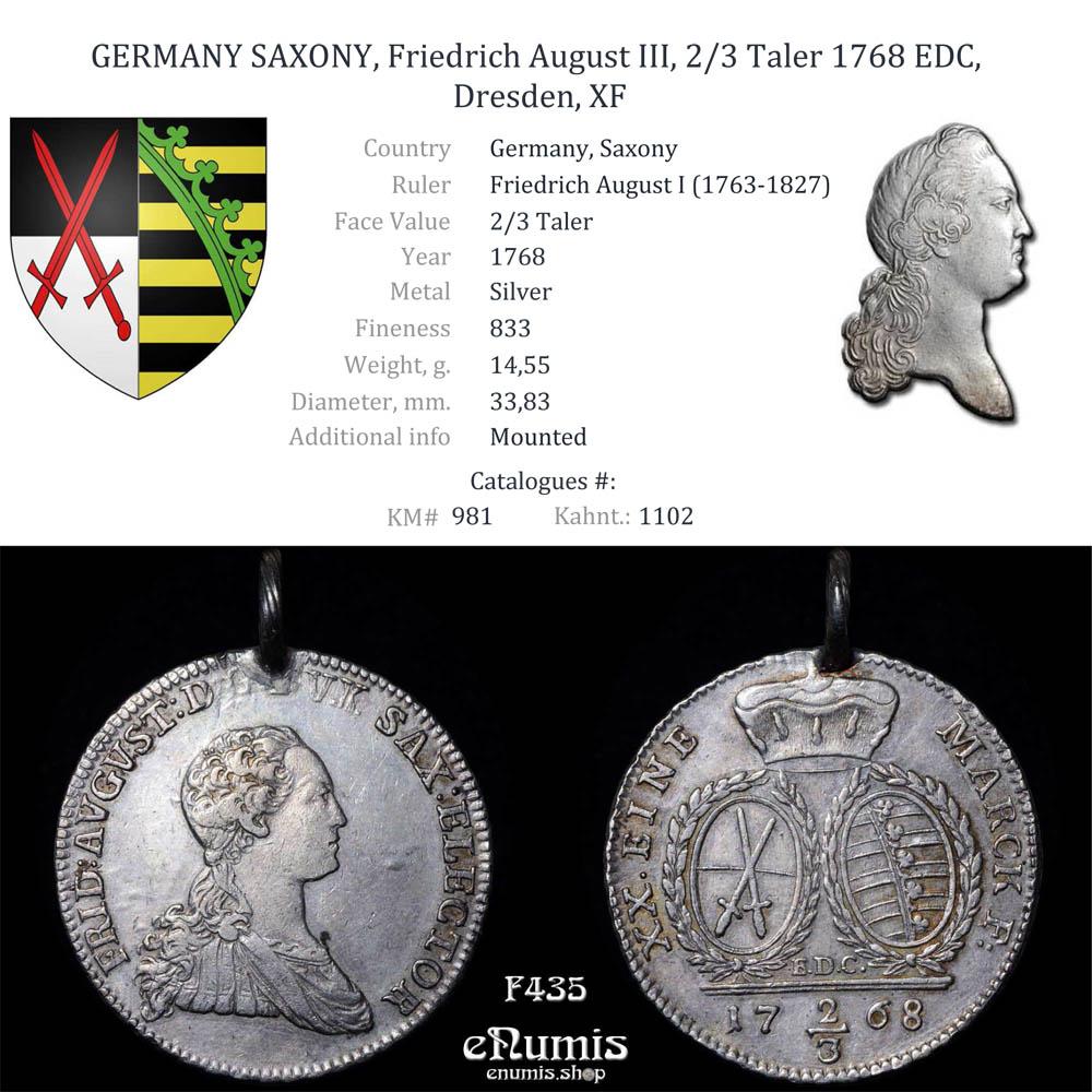GERMANY SAXONY, Friedrich August III, 2/3 Taler 1768 EDC, Dresden, XF GERMANY SAXONY, Friedrich August III, 2/3 Taler 1768 EDC, Dresden, XF
