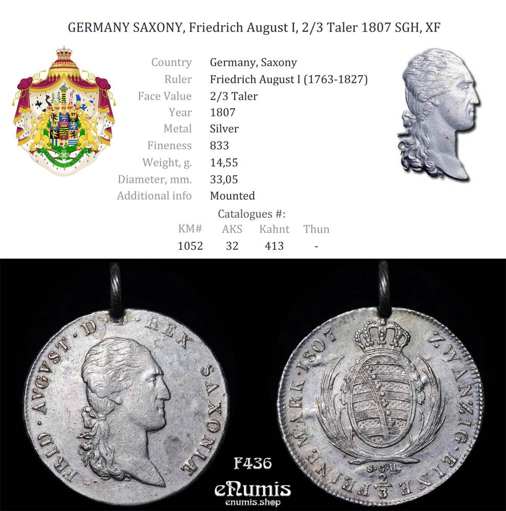 GERMANY SAXONY, Friedrich August I, 2/3 Taler 1807 SGH, XF