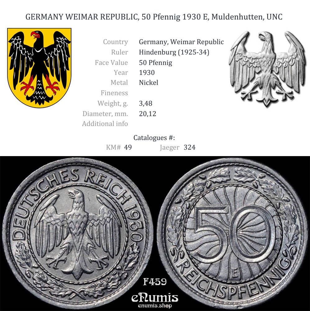 GERMANY WEIMAR REPUBLIC, 50 Pfennig 1930 E, Muldenhutten, UNC