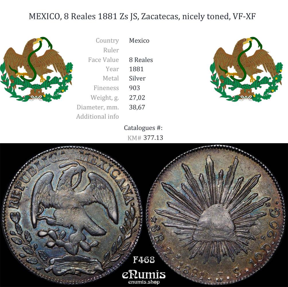 MEXICO, 8 Reales 1881 Zs JS, Zacatecas, nicely toned, VF-XF