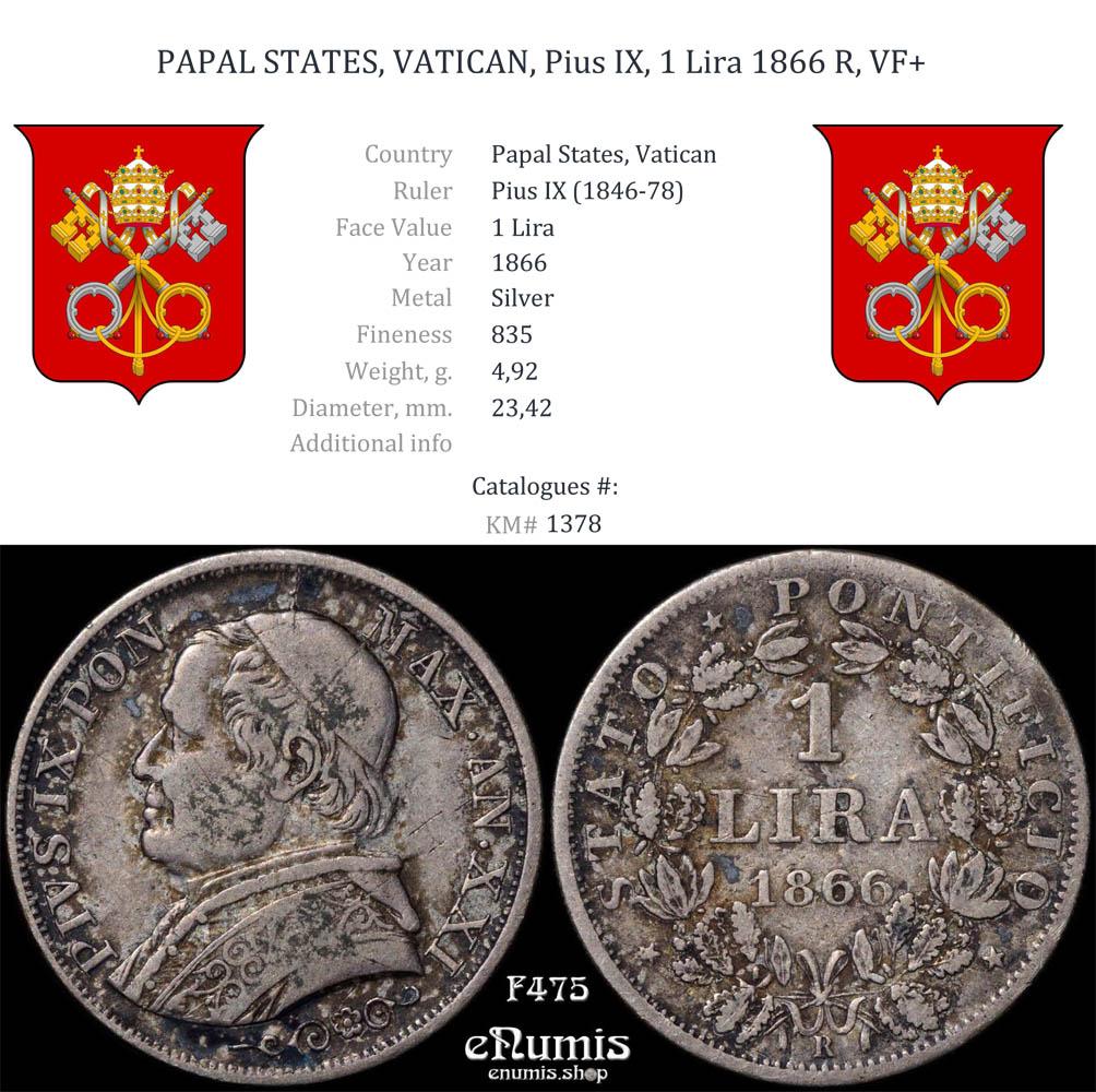 PAPAL STATES, VATICAN, Pius IX, 1 Lira 1866 R, VF+ PAPAL STATES, VATICAN, Pius IX, 1 Lira 1866 R, VF+