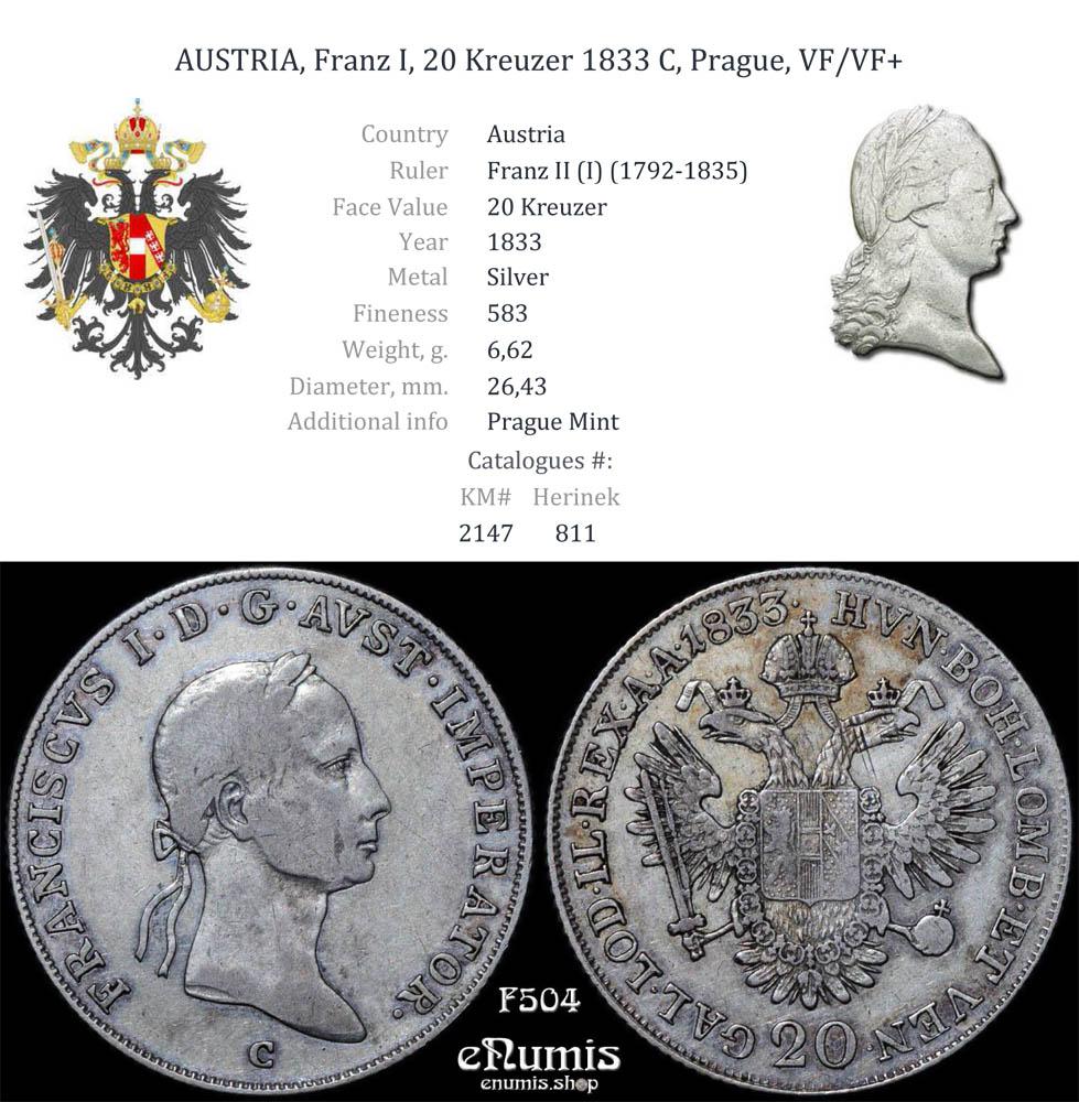 AUSTRIA, Franz I, 20 Kreuzer 1833 C, Prague, VF/VF+