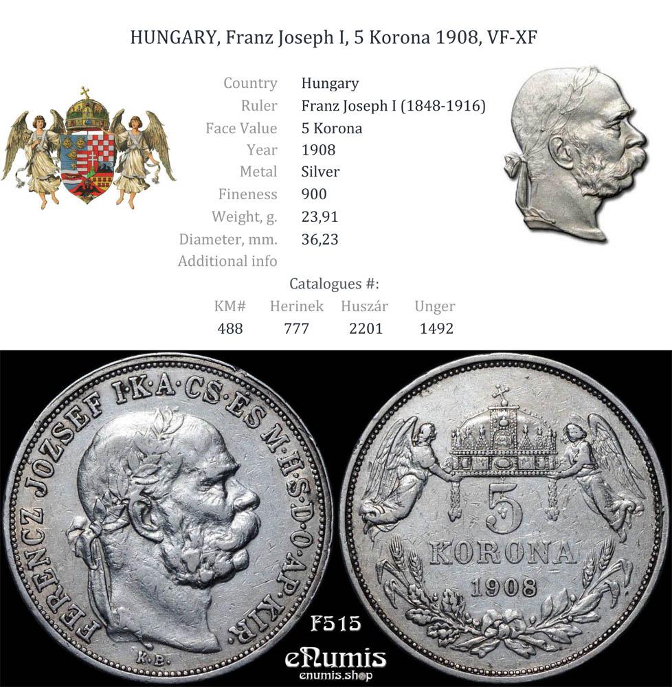 HUNGARY, Franz Joseph I, 5 Korona 1908, VF-XF HUNGARY, Franz Joseph I, 5 Korona 1908, VF-XF