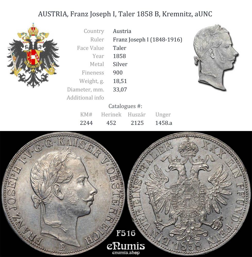 AUSTRIA, Franz Joseph I, Taler 1858 B, Kremnitz, aUNC