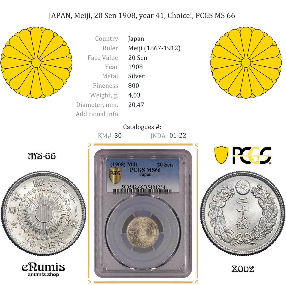 JAPAN, Meiji, 20 Sen 1908, year 41, Choice!, PCGS MS 66