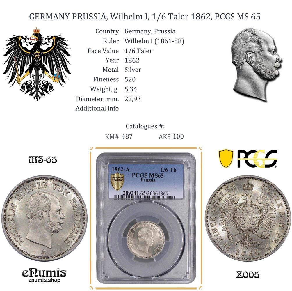 GERMANY PRUSSIA, Wilhelm I, 1/6 Taler 1862, PCGS MS 65