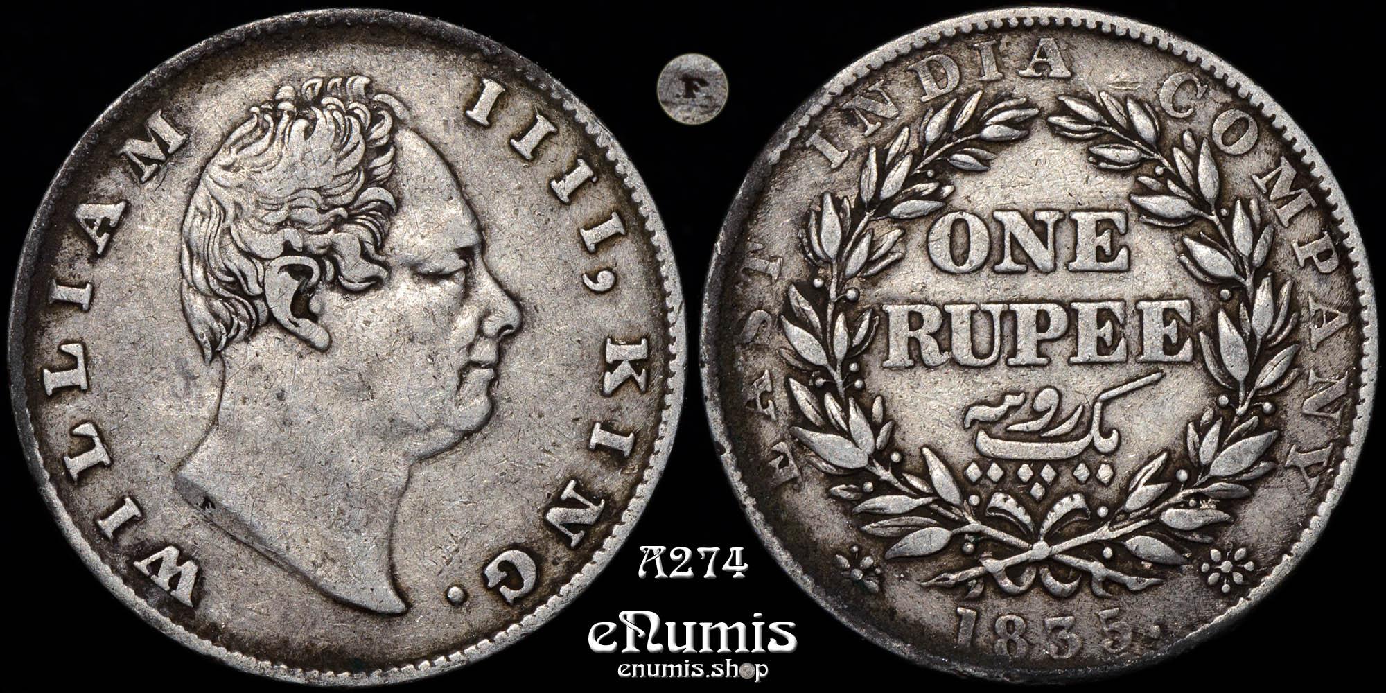 INDIA, William IV, Rupee 1835, F incuse, Calcutta, VF+