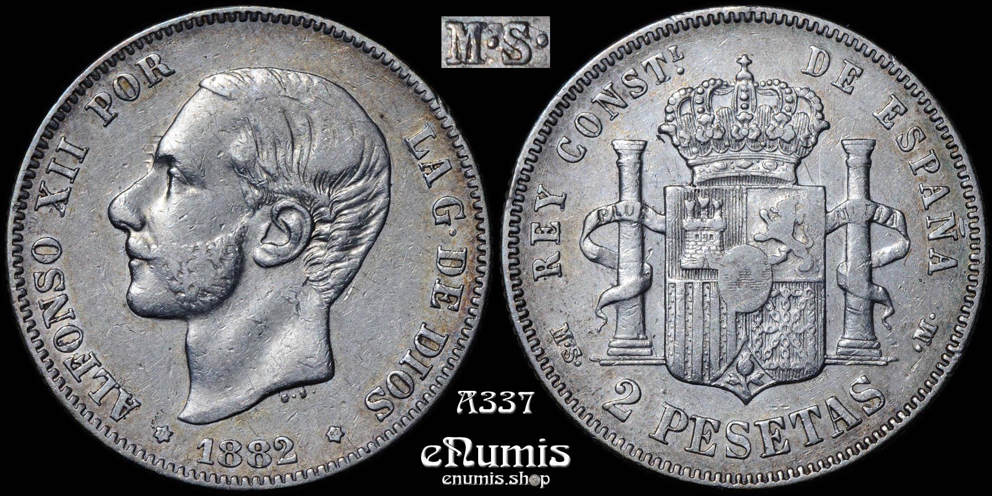 SPAIN, Alfonso XII, 2 Pesetas 1882 MS-M over EM-M, rare, VF-XF