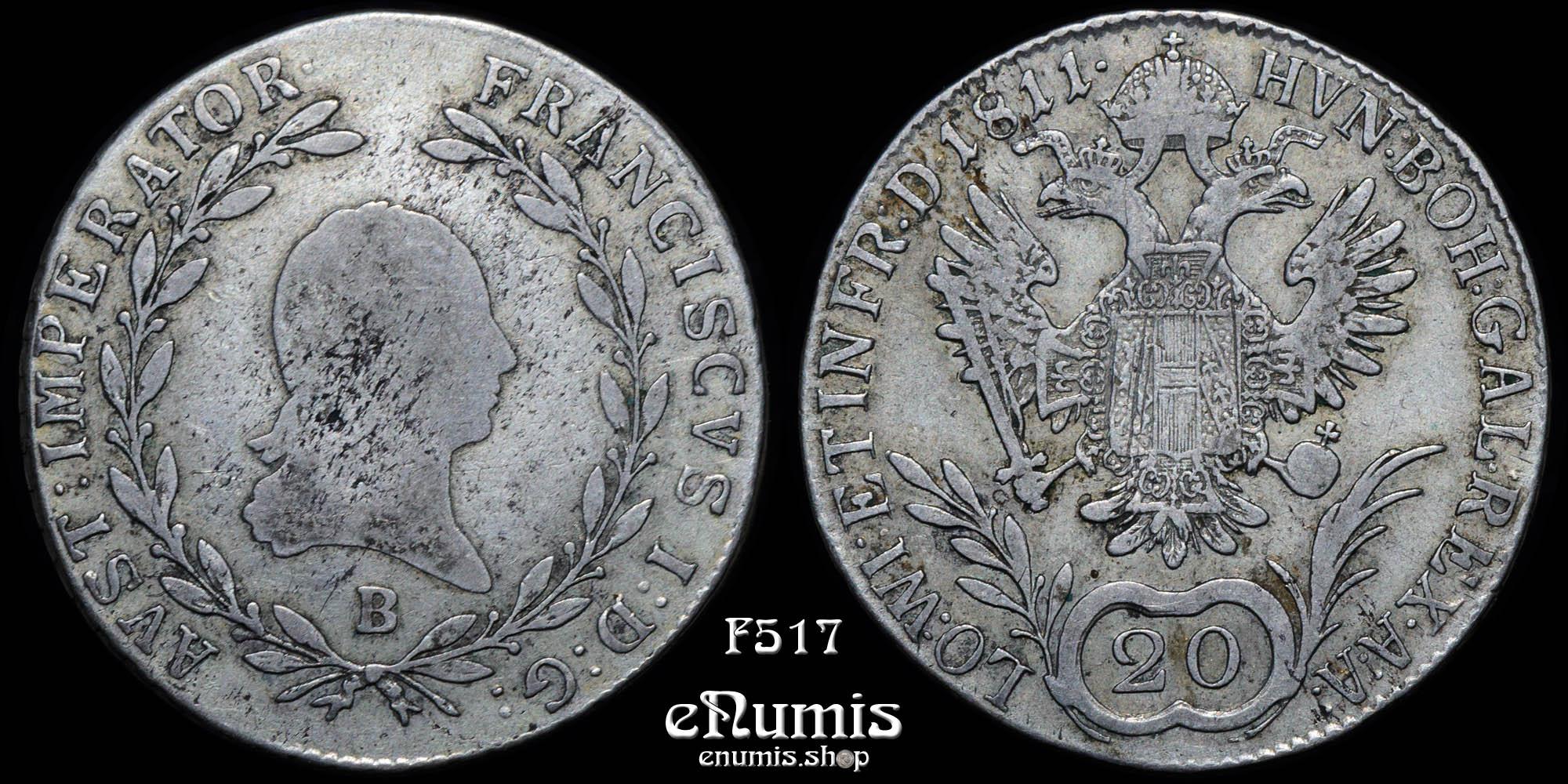 AUSTRIA, Franz I, 20 Kreuzer 1811 B, Kremnitz, VF