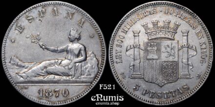 SPAIN, Provisional Government, 5 Pesetas 1870 SN-M, aXF