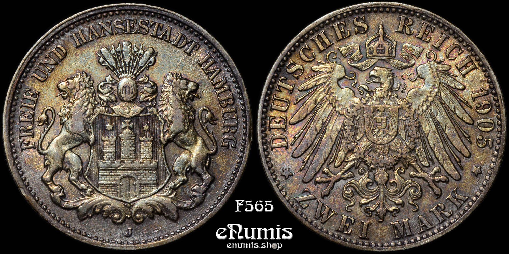 GERMANY HAMBURG, 2 Mark 1905, toned, Rare year, XF