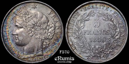 FRANCE, Second Republic, 5 Francs 1850 A, Ceres, Rainbow tone, XF-UNC