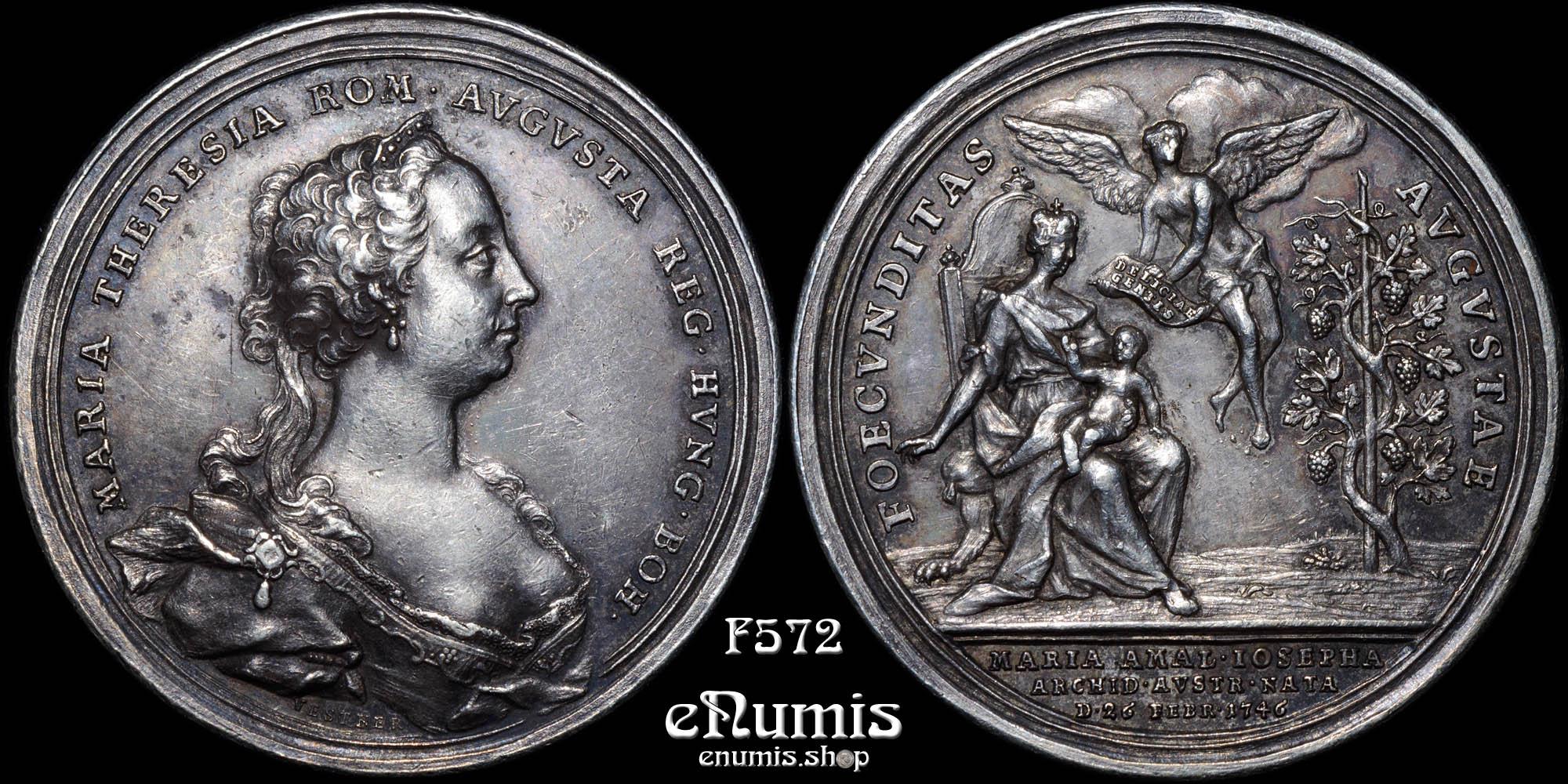 AUSTRIA, Maria Theresa, Silver Medal 1746, birth of Amalia, by Vestner, Rare!, aUNC AUSTRIA, Maria Theresa, Silver Medal 1746, birth of Amalia, by Vestner, Rare!, aUNC
