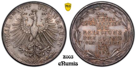 Germany, Frankfurt, 2 Gulden 1855, Religious Peace, PCGS MS 66
