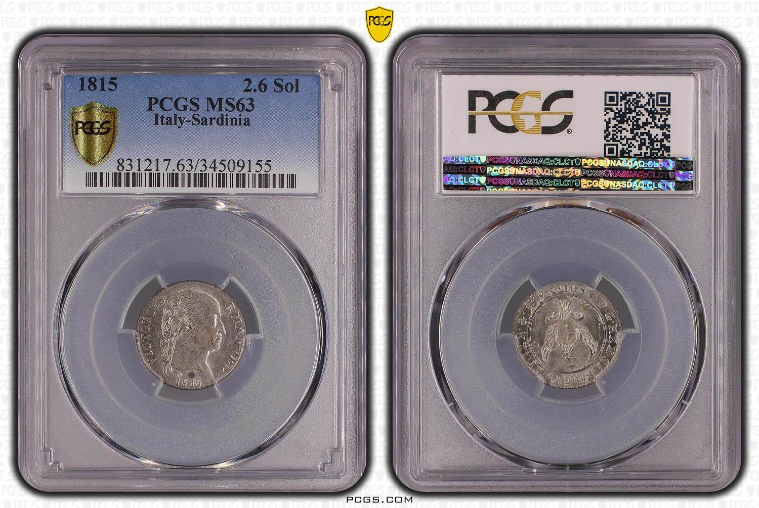 ITALY, SARDINIA, Vittorio Emanuele I, 2.6 Soldi 1815, TOP POP, PCGS MS 63