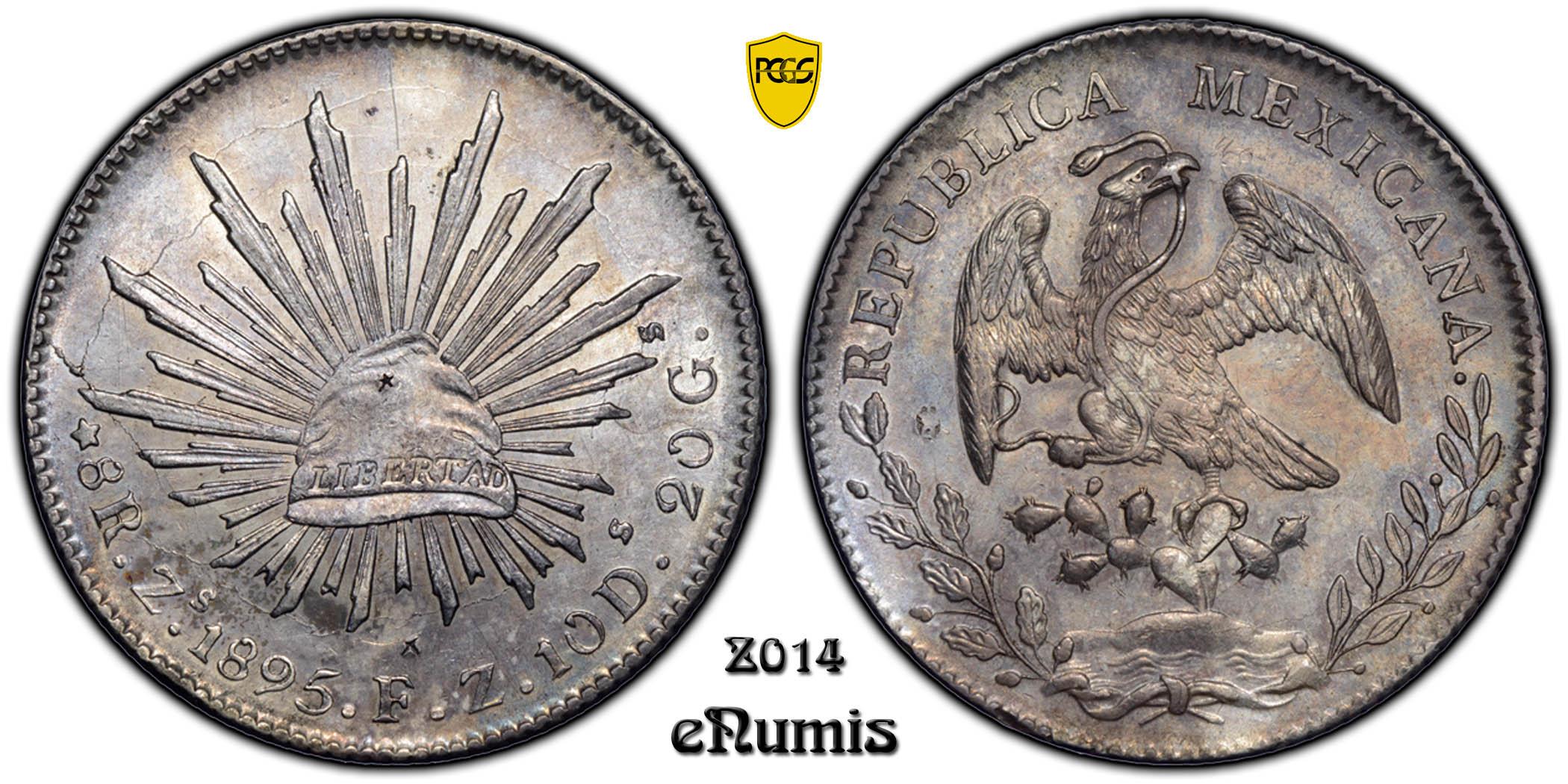 MEXICO, 8 Reales 1895 ZS FZ, Zacatecas, Oriental Chop Marks, PCGS UNC det.