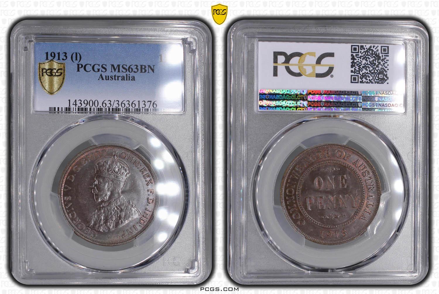 AUSTRALIA, George V, Penny 1913, PCGS MS 63 BN