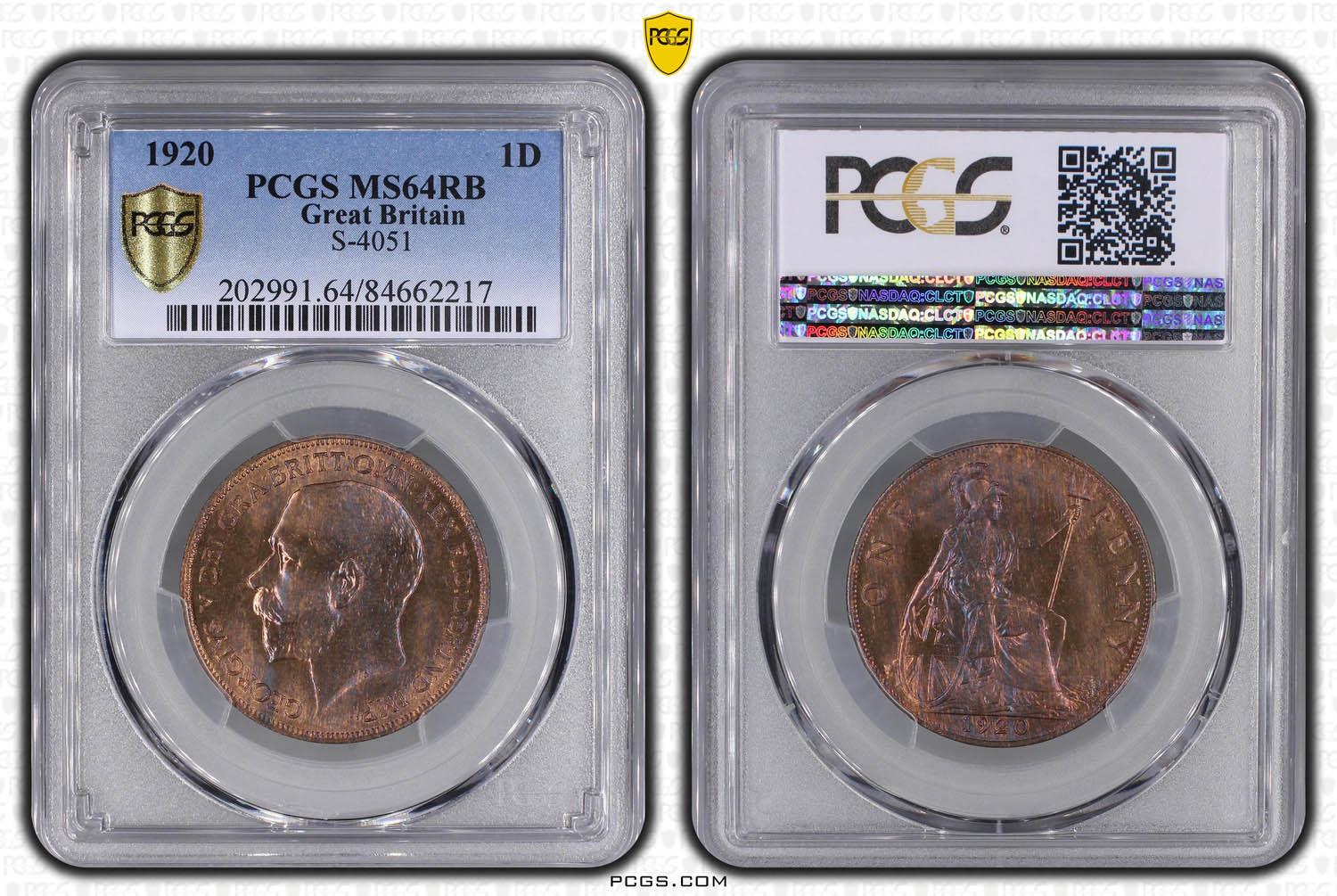 Great Britain, George V, Penny 1920, PCGS MS 64 RB
