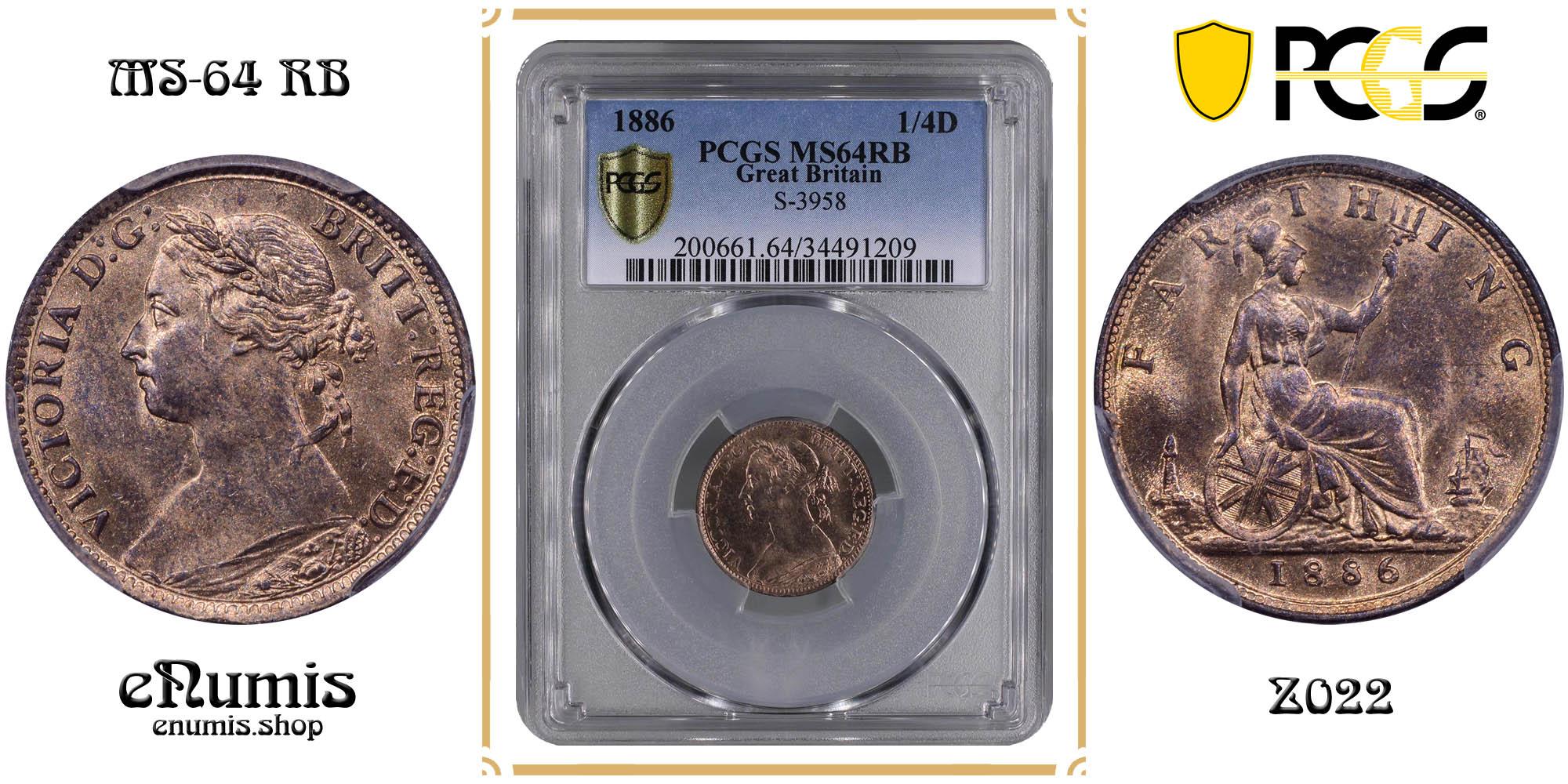 Great Britain, Victoria, Farthing 1886, PCGS MS 64 RB