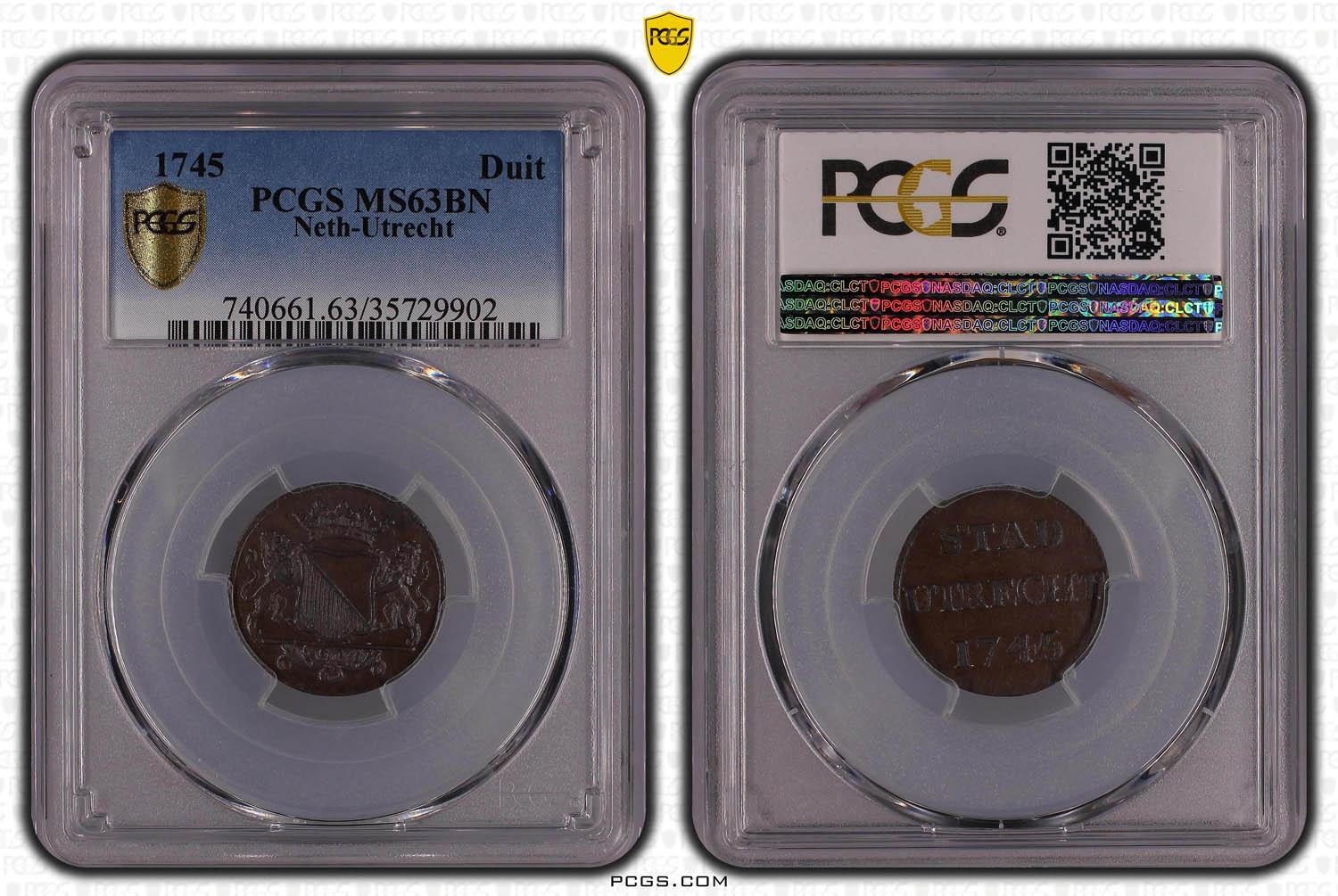 NETHERLANDS, Utrecht, Duit 1745, TOP POP, PCGS MS 63 BN NETHERLANDS, Utrecht, Duit 1745, TOP POP, PCGS MS 63 BN