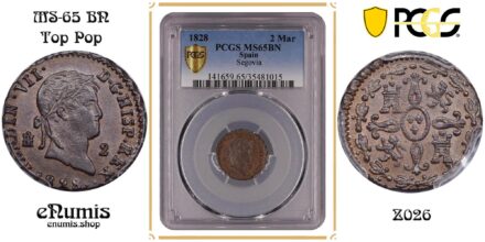 SPAIN, Ferdinand VII, 2 Maravedis 1828, Top Pop, PCGS MS 65 BN