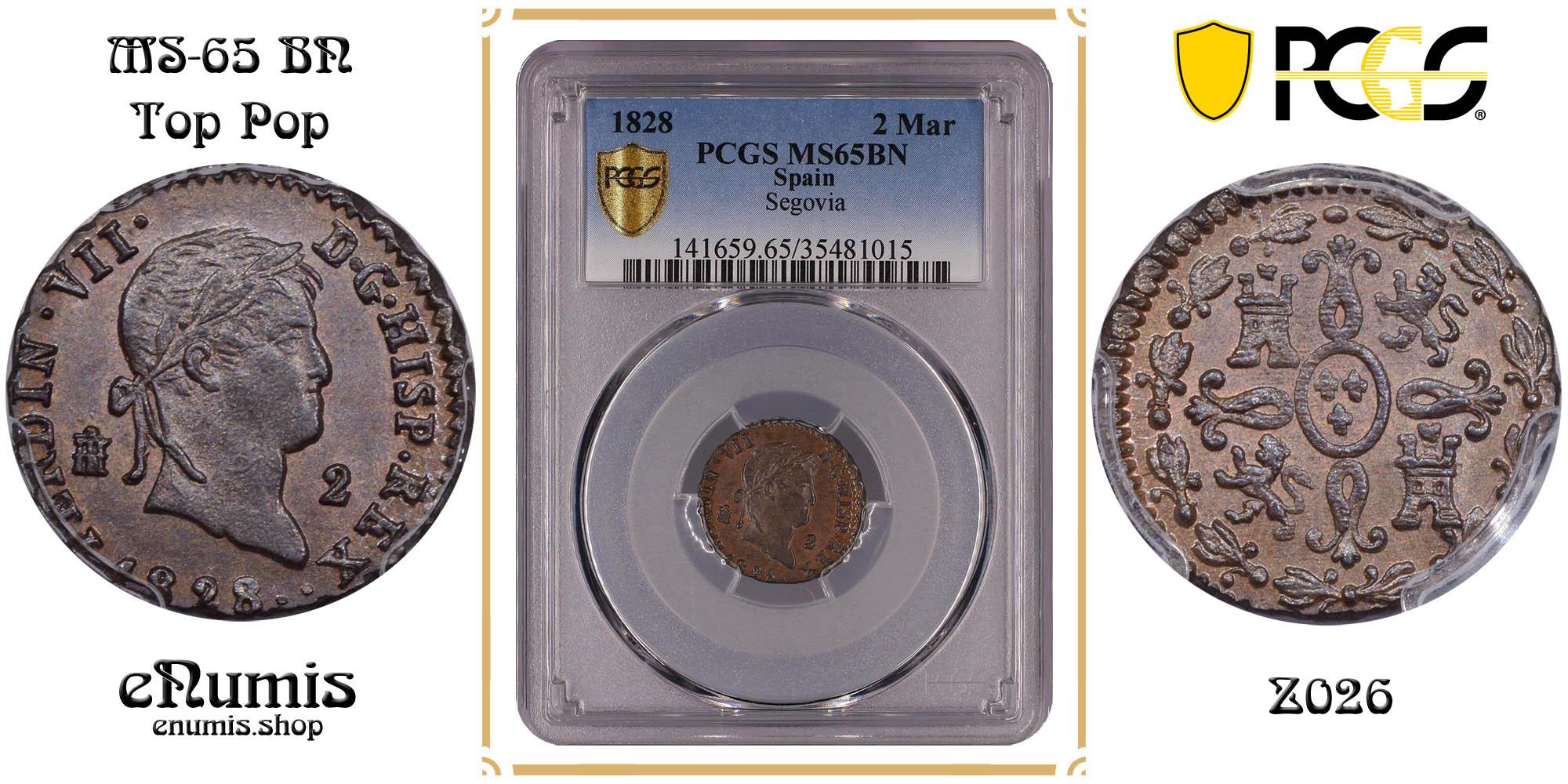 SPAIN, Ferdinand VII, 2 Maravedis 1828, Top Pop, PCGS MS 65 BN SPAIN, Ferdinand VII, 2 Maravedis 1828, Top Pop, PCGS MS 65 BN