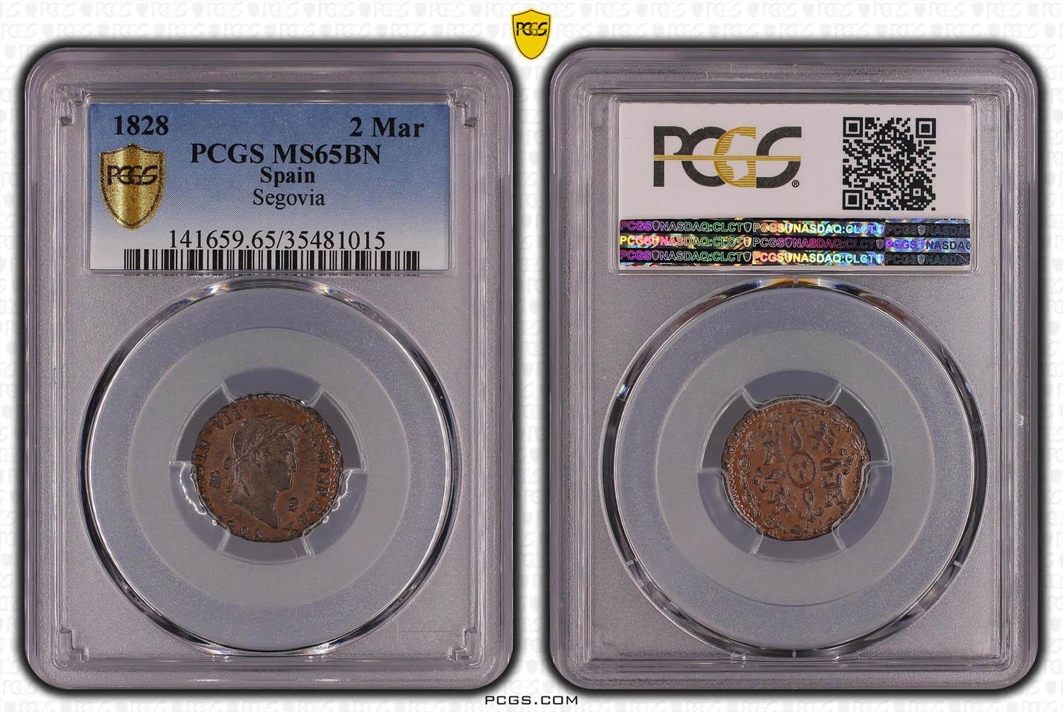 SPAIN, Ferdinand VII, 2 Maravedis 1828, Top Pop, PCGS MS 65 BN SPAIN, Ferdinand VII, 2 Maravedis 1828, Top Pop, PCGS MS 65 BN