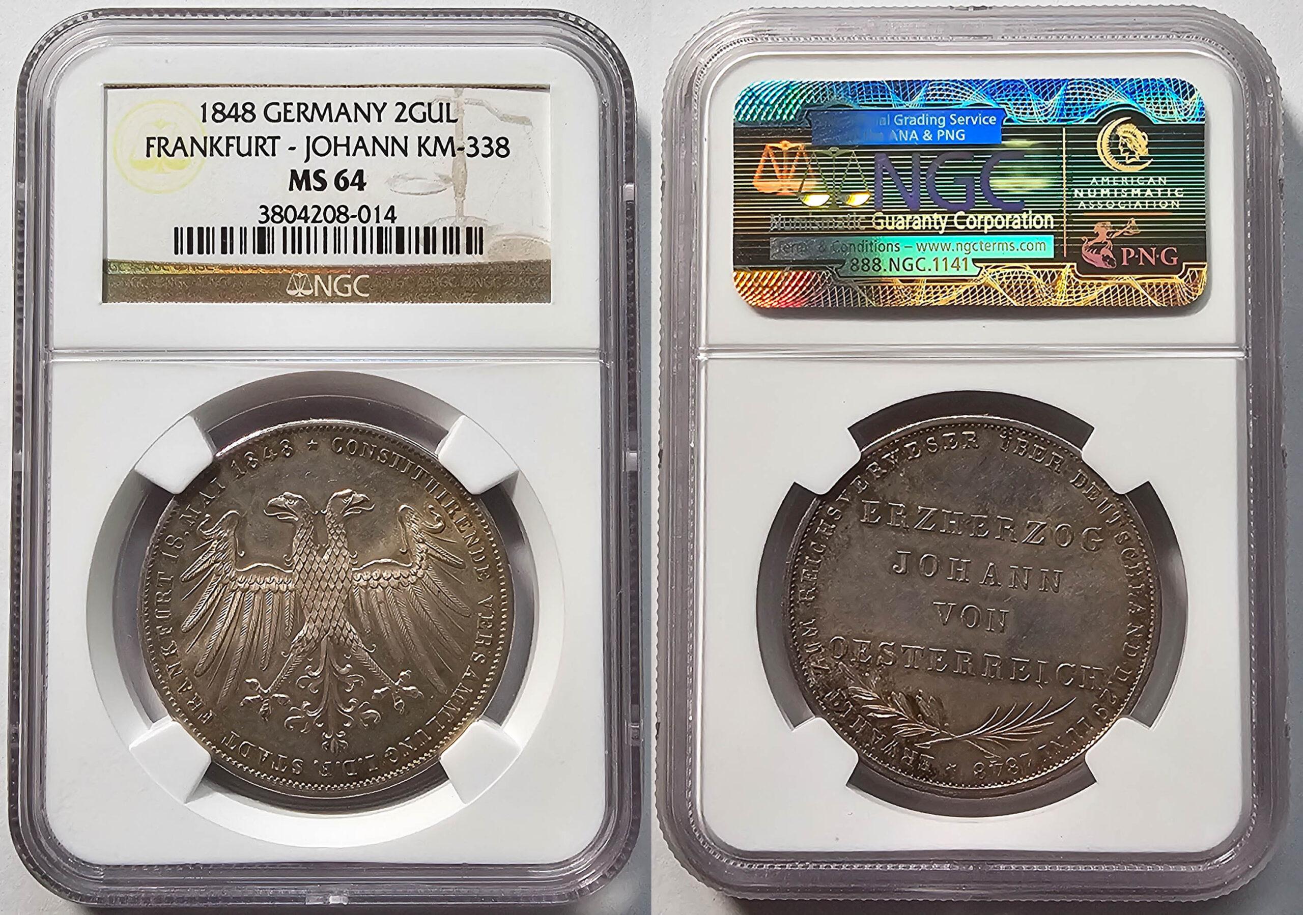 GERMANY FRANKFURT, 2 Gulden 1848, Vicar Election, NGC MS 64 GERMANY FRANKFURT, 2 Gulden 1848, Vicar Election, NGC MS 64