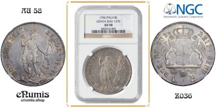 ITALY, GENOA, 8 Lire 1796, Rare, NGC AU 58