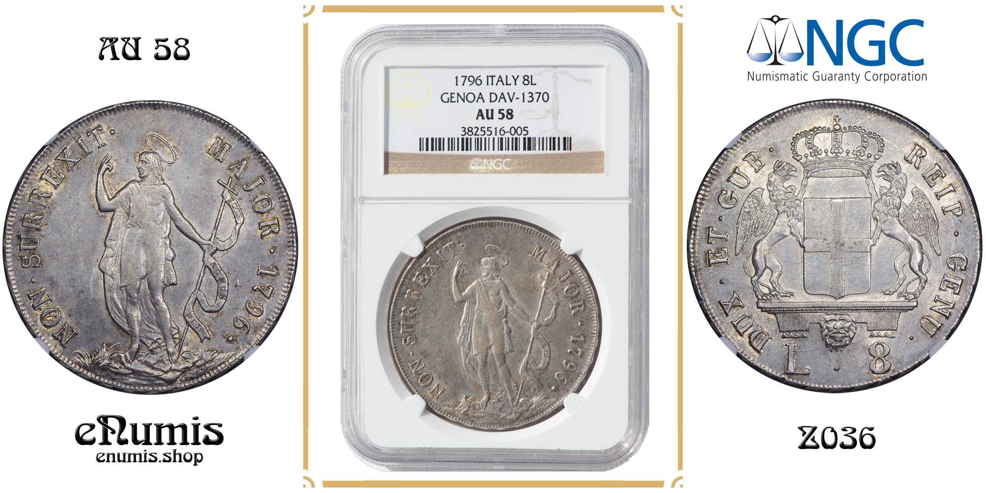 ITALY, GENOA, 8 Lire 1796, Rare, NGC AU 58 ITALY, GENOA, 8 Lire 1796, Rare, NGC AU 58
