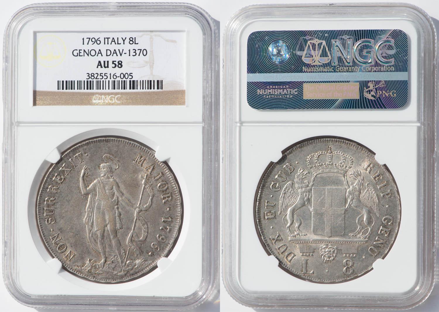 ITALY, GENOA, 8 Lire 1796, Rare, NGC AU 58 ITALY, GENOA, 8 Lire 1796, Rare, NGC AU 58