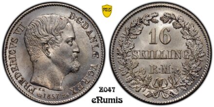 DENMARK, Frederick VII, 16 Skilling 1857, PCGS MS 66