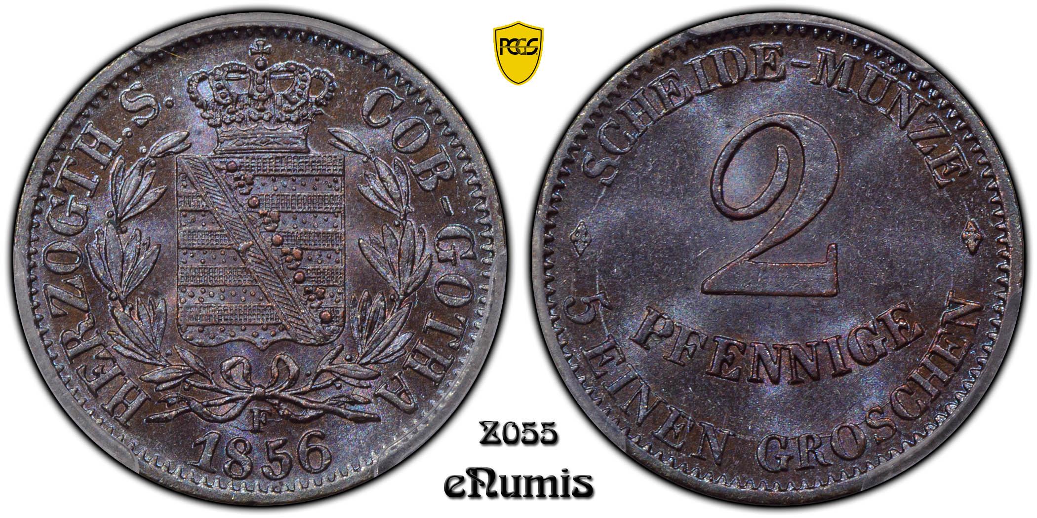 Germany, Saxe-Coburg-Gotha, Ernst II, 2 Pfennige 1856, Top Pop, PCGS MS 65 BN
