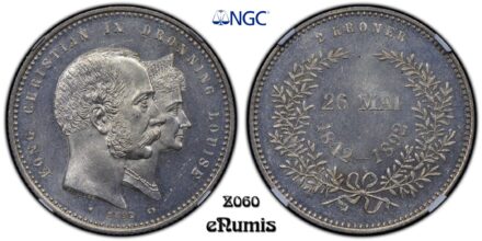 DENMARK, Christian IX, 2 Kroner 1892, Golden Wedding Anniversary, NGC MS 65