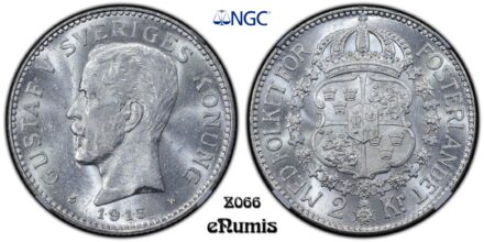 SWEDEN, Gustaf V, 2 Kronor 1915, NGC MS 62