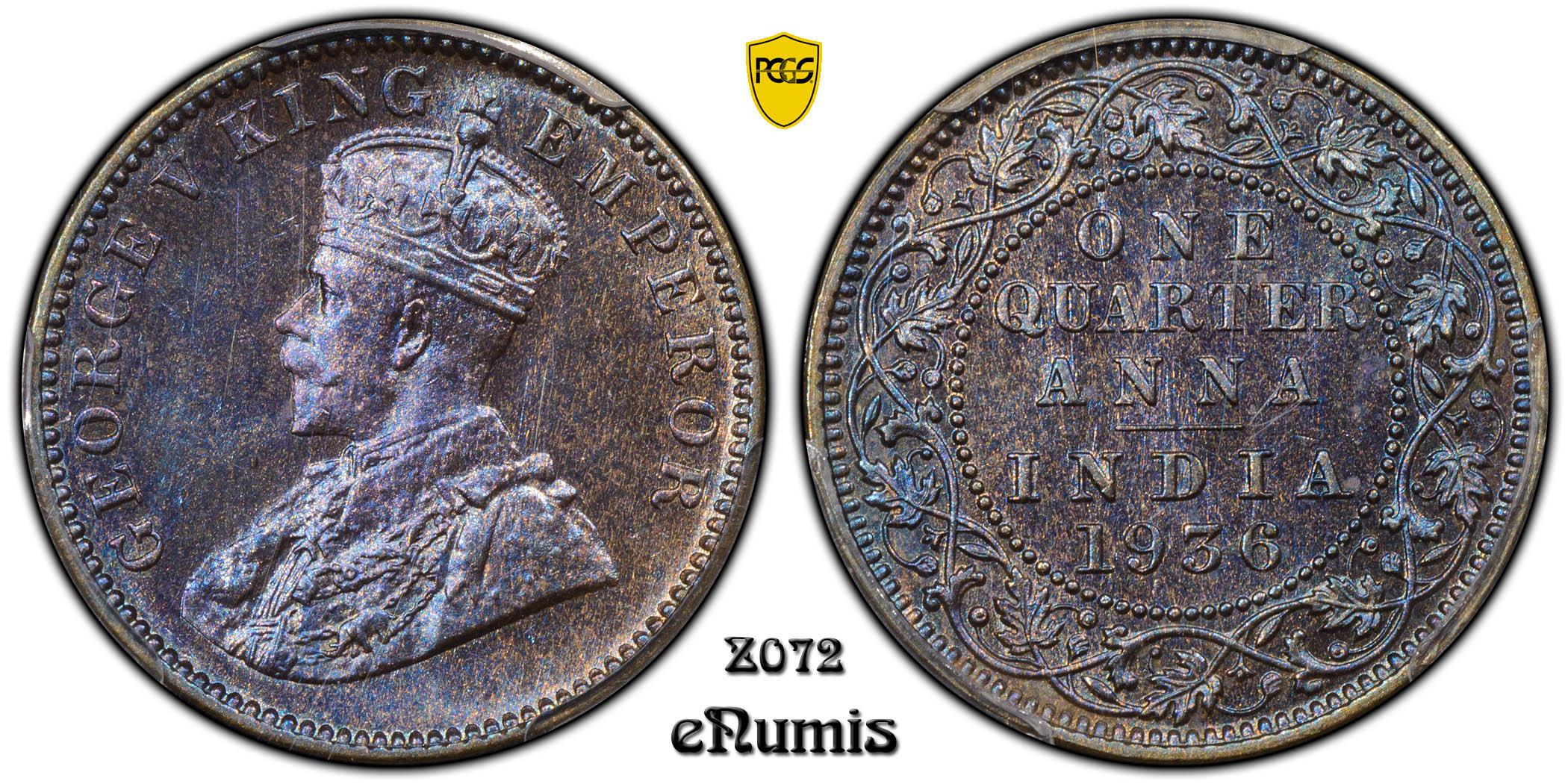 INDIA, George V, 1/4 Anna 1936, Calcutta, PCGS MS 65 BN