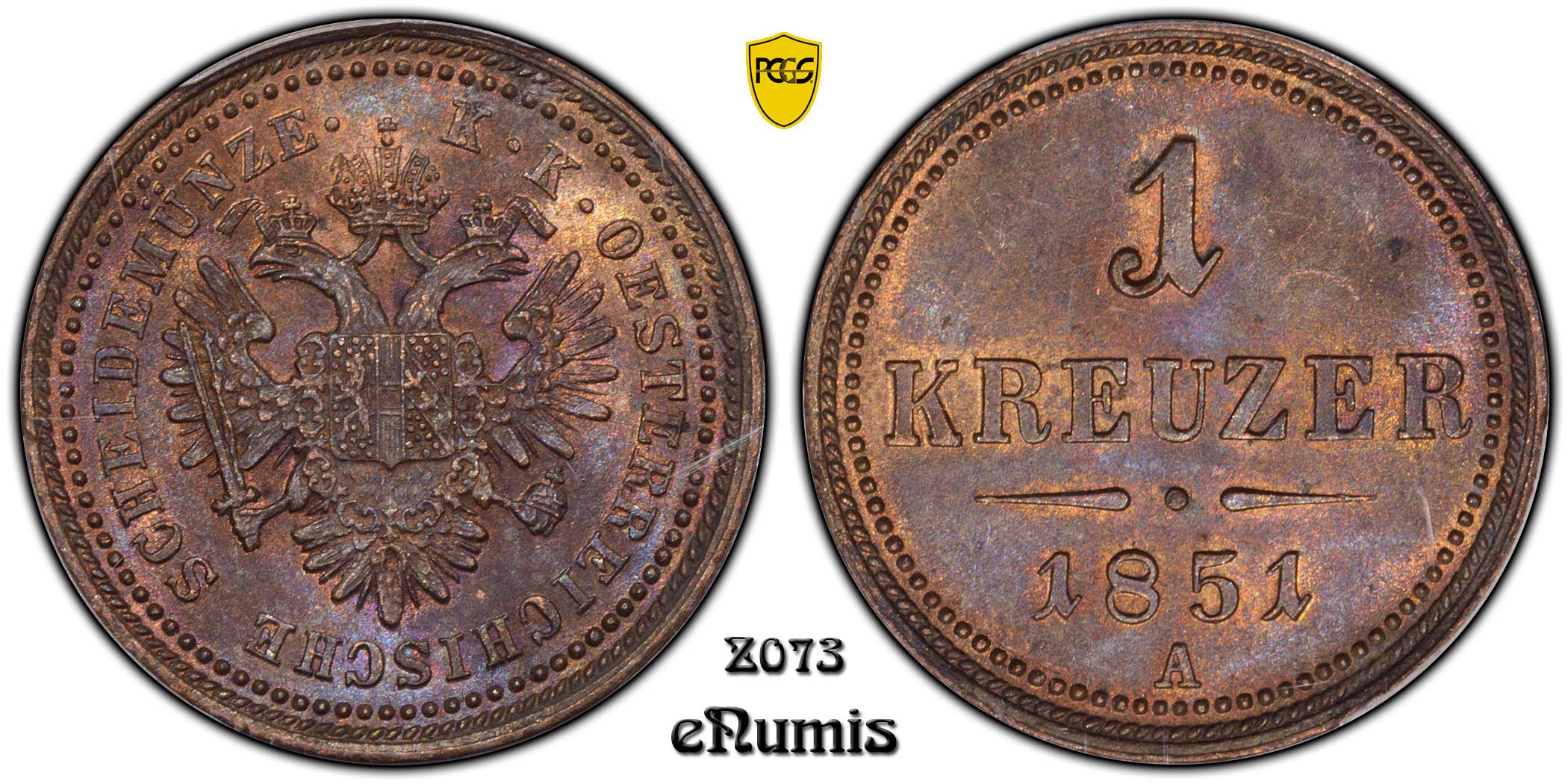 AUSTRIA, Franz Joseph I, 1 Kreuzer 1851, PCGS MS 65 BN
